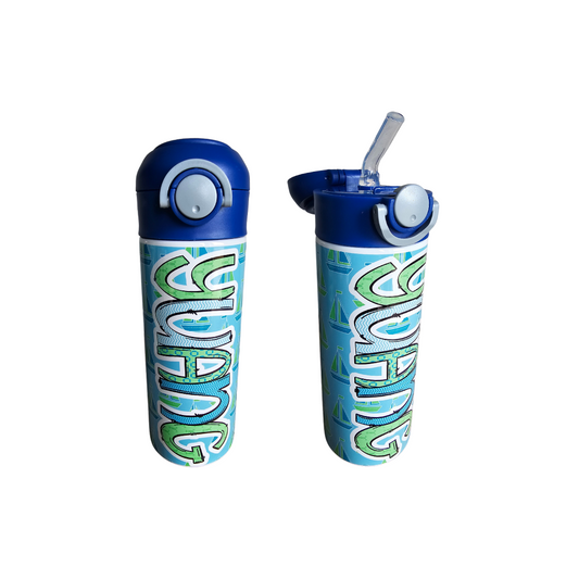 Green & Blue Sailboats Flip Top Water Bottle - Personalized