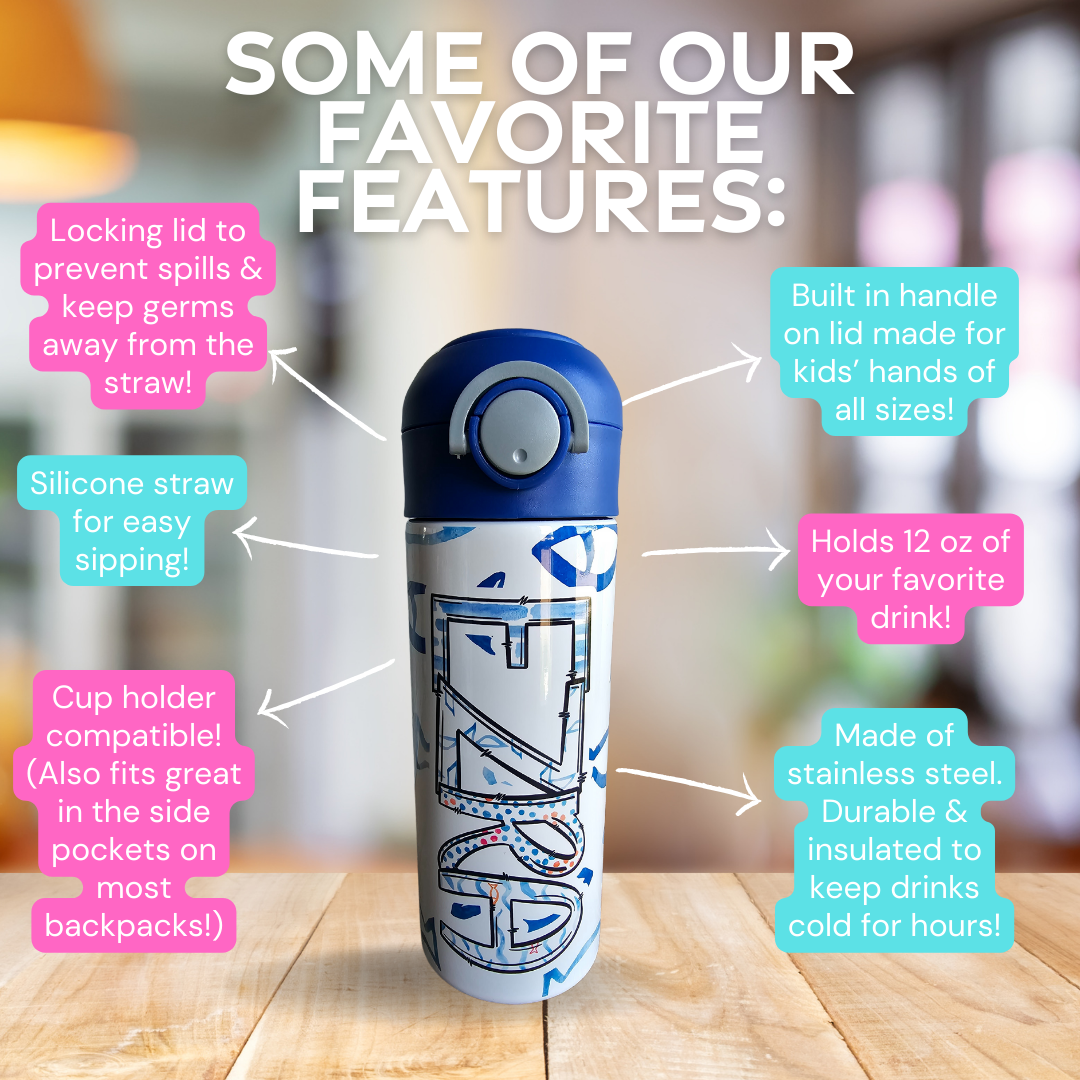 Blue Fish Water Bottle Personalized - 12 oz Flip Top Water Bottle with Straw