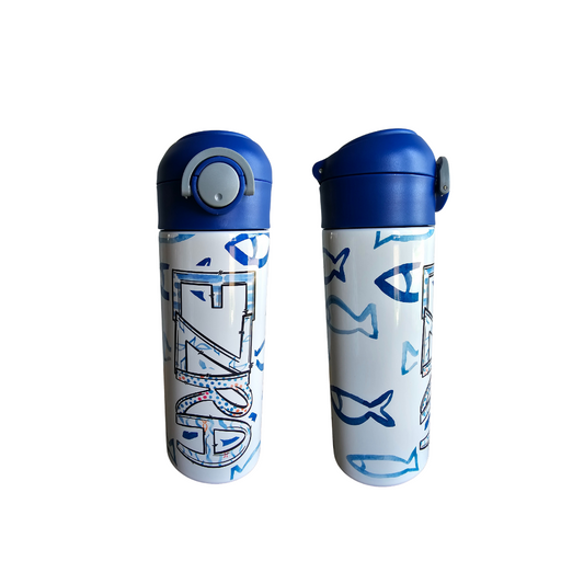 Blue Fish Water Bottle Personalized - 12 oz Flip Top Water Bottle with Straw
