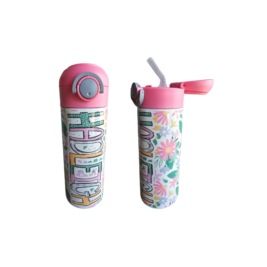 Spring Pink Floral Flip Top Water Bottle - Personalized