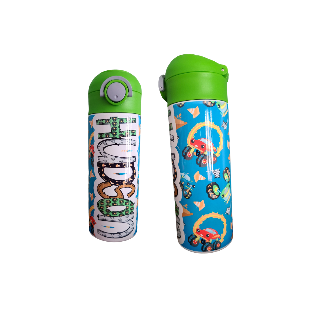 Monster Truck Personalized Water Bottle - 12 oz Flip Top Water Bottle with Straw