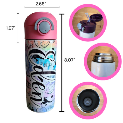 Volleyball Rainbow Tie Dye Water Bottle Personalized with Red Lid - 12 oz Flip Top Water Bottle with Straw