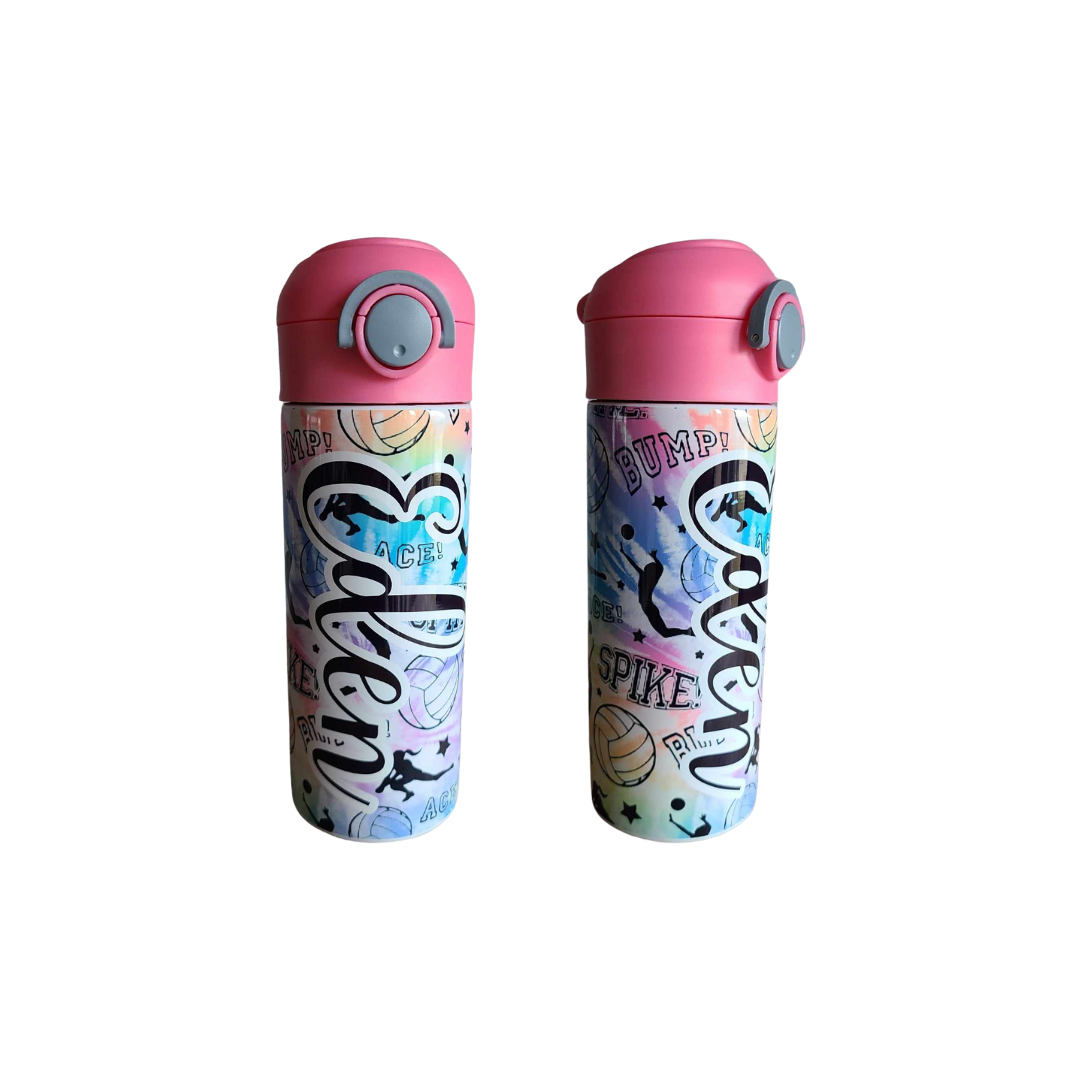 Volleyball Rainbow Tie Dye Water Bottle Personalized with Red Lid - 12 oz Flip Top Water Bottle with Straw