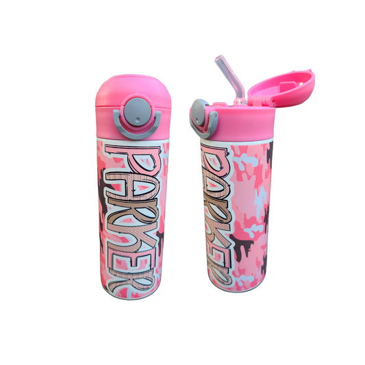Pink Camouflage Flip Top Water Bottle - Personalized