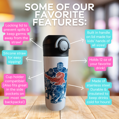 Personalized Hockey Water Bottle - 12 oz Flip Top Water Bottle with Straw