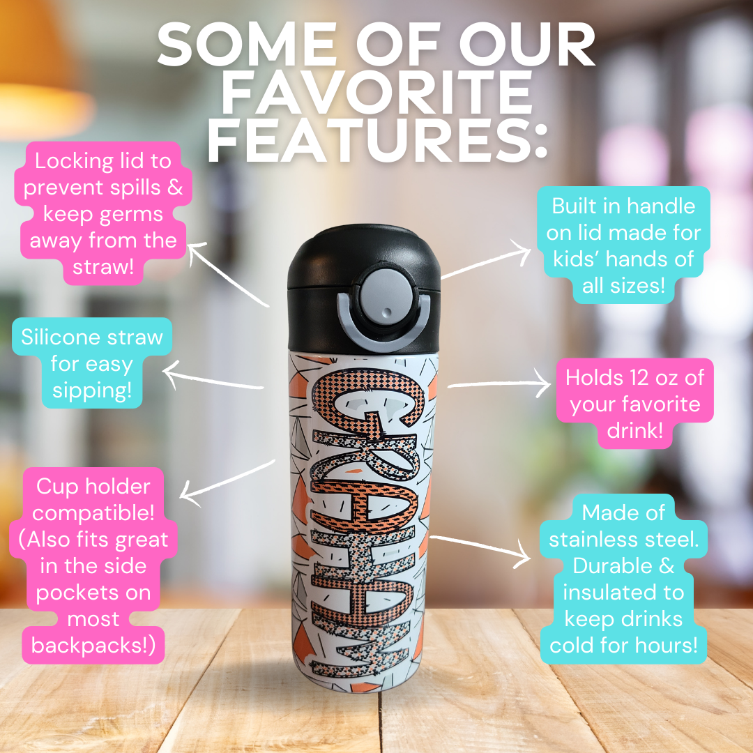 Personalized Orange & Black Water Bottle - 12 oz Flip Top Water Bottle with Straw
