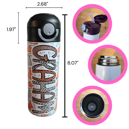 Personalized Orange & Black Water Bottle - 12 oz Flip Top Water Bottle with Straw