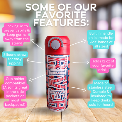 Personalized Red and Blue Baseball Water Bottle - 12 oz Flip Top Water Bottle with Straw