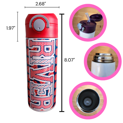 Personalized Red and Blue Baseball Water Bottle - 12 oz Flip Top Water Bottle with Straw