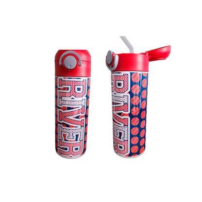 Personalized Red and Blue Baseball Water Bottle - 12 oz Flip Top Water Bottle with Straw