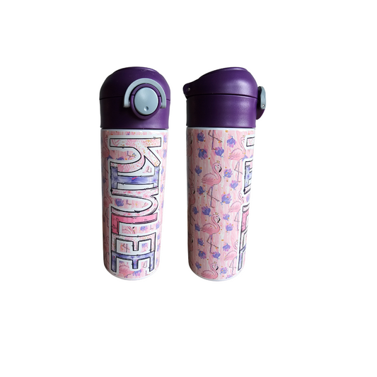 Flamingo's and Purple Flowers Personalized Water Bottle