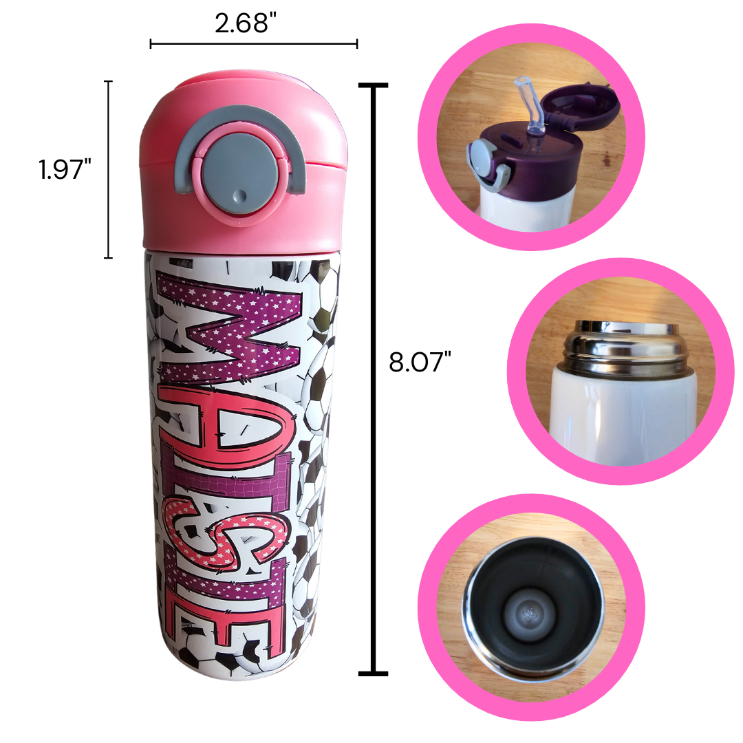 Soccer - Pink & Purple Water Bottle - 12 oz Flip Top Water Bottle with Straw