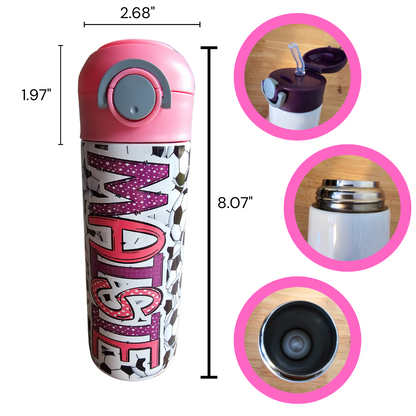 Soccer - Pink & Purple Water Bottle - 12 oz Flip Top Water Bottle with Straw