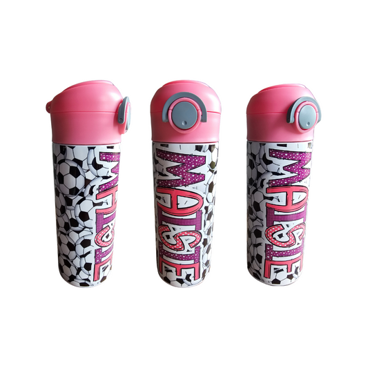 Soccer - Pink & Purple Water Bottle - 12 oz Flip Top Water Bottle with Straw