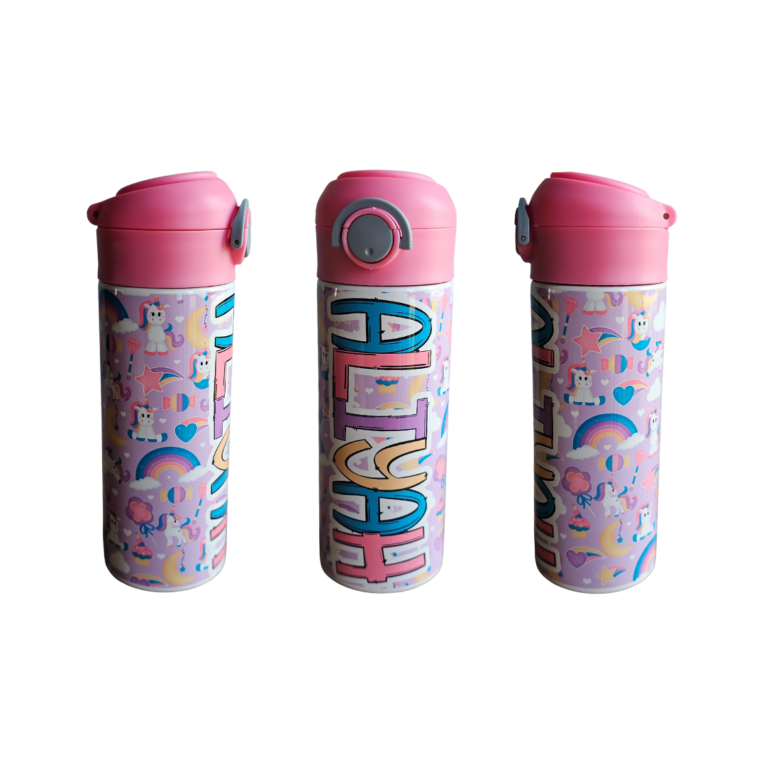 Bright Unicorns Water Bottle - 12 oz Flip Top Water Bottle with Straw