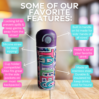 Personalized Bright Dinos Water Bottle - 12 oz Flip Top Water Bottle with Straw