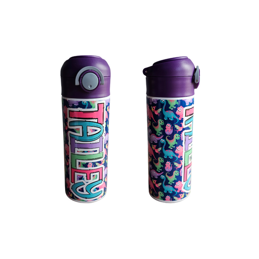 Personalized Bright Dinos Water Bottle - 12 oz Flip Top Water Bottle with Straw