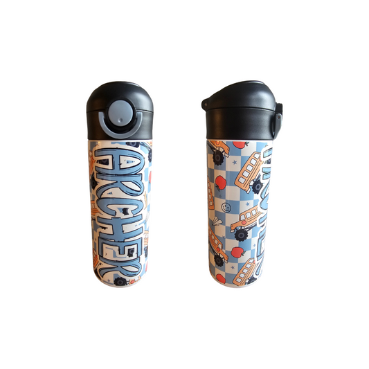 Monster Truck School Bus & Blue Checks Personalized Water Bottle - 12 oz Flip Top Water Bottle with Straw