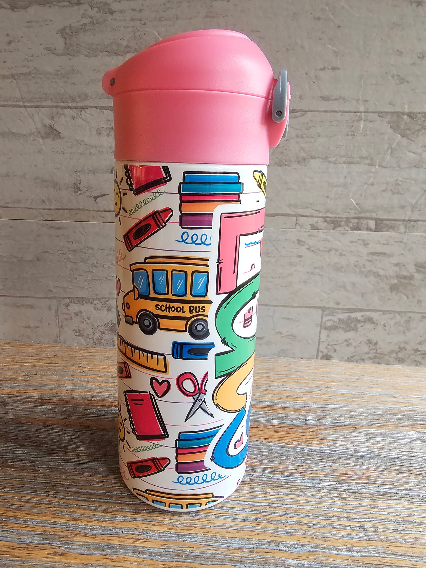 School Days w/ Pink Lid Personalized Water Bottle - 12 oz Flip Top Water Bottle with Straw