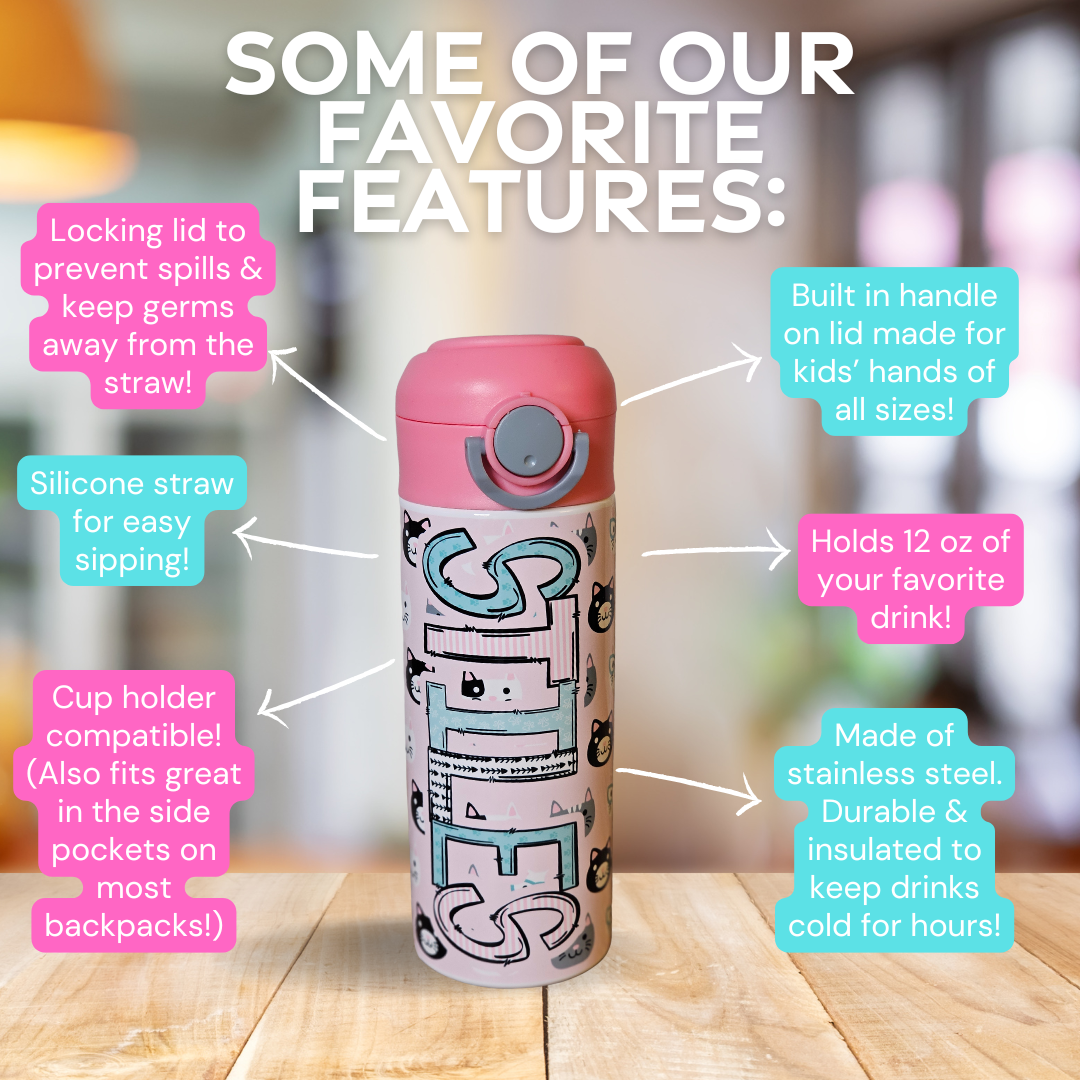 Pink Cats Flip Top Water Bottle - Personalized
