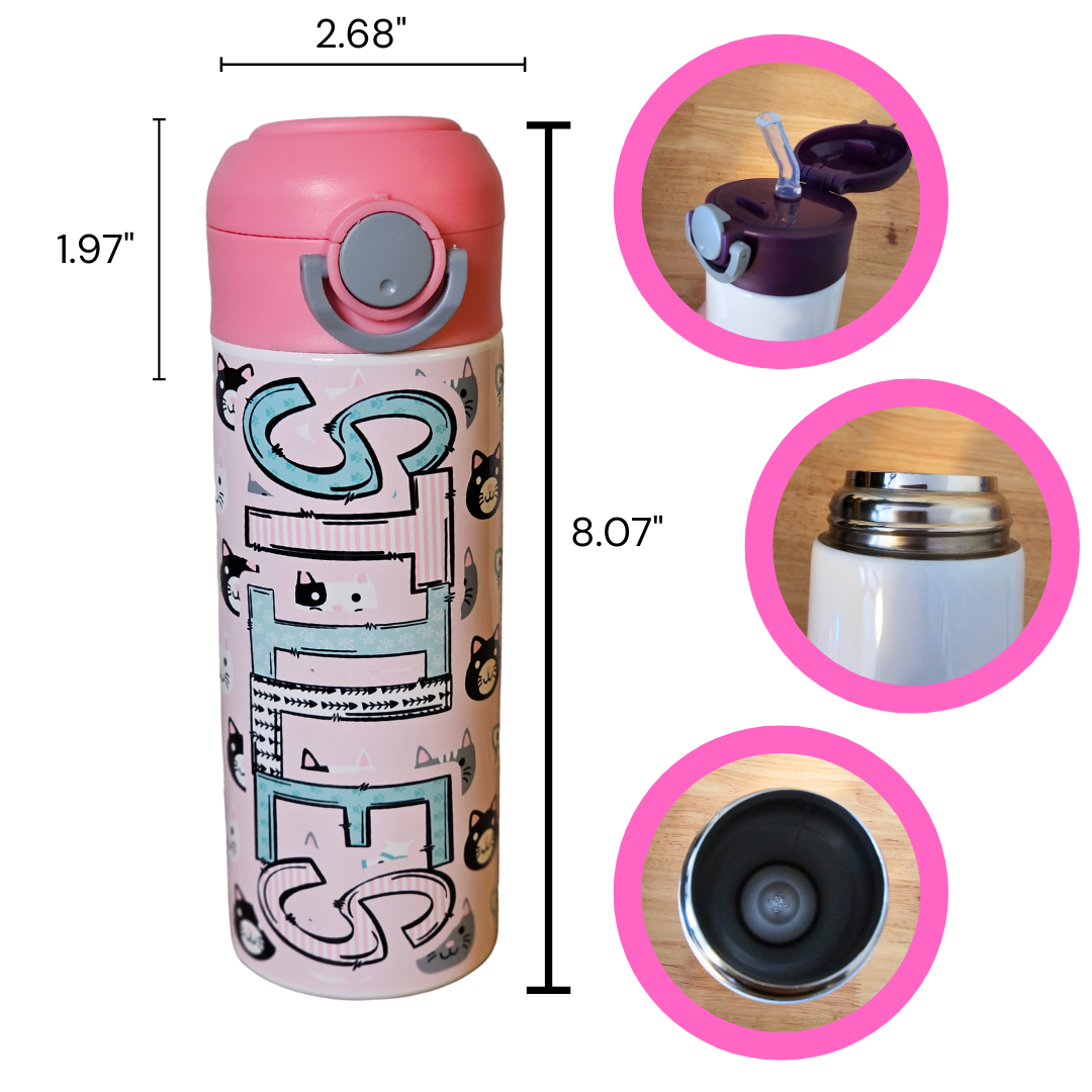 Pink Cats Flip Top Water Bottle - Personalized