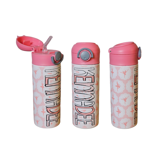 Pink Ballerina Scalloped Circles 12 oz Flip Top Water Bottle with Straw - Personalized