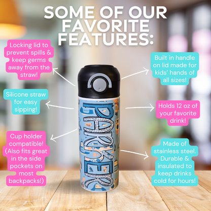 Blue Robots 12 oz Flip Top Water Bottle with Straw - Personalized