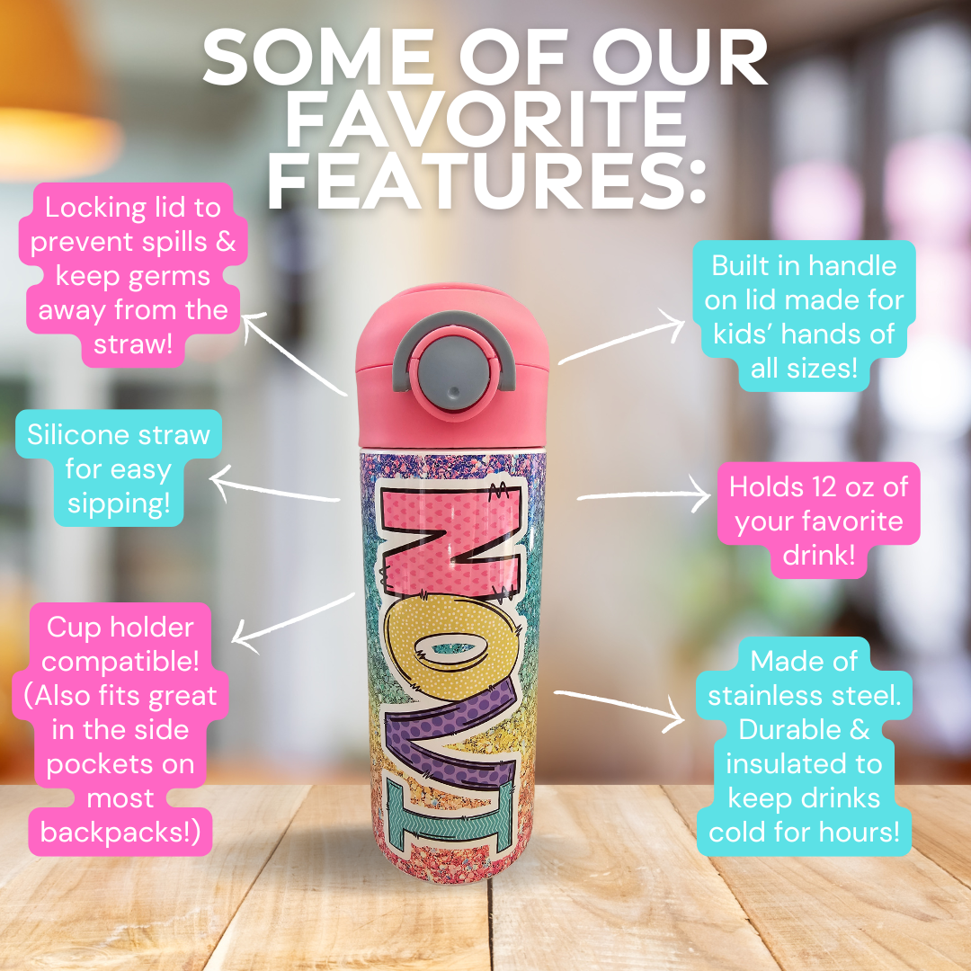 Sparkle Rainbow (FAUX GLITTER) Personalized Water Bottle - 12 oz Flip Top Water Bottle with Straw