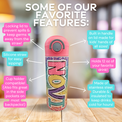 Sparkle Rainbow (FAUX GLITTER) Personalized Water Bottle - 12 oz Flip Top Water Bottle with Straw