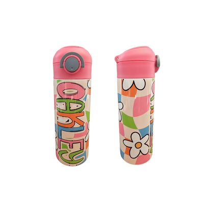 Retro Flowers Personalized Water Bottle - 12 oz Flip Top Water Bottle with Straw