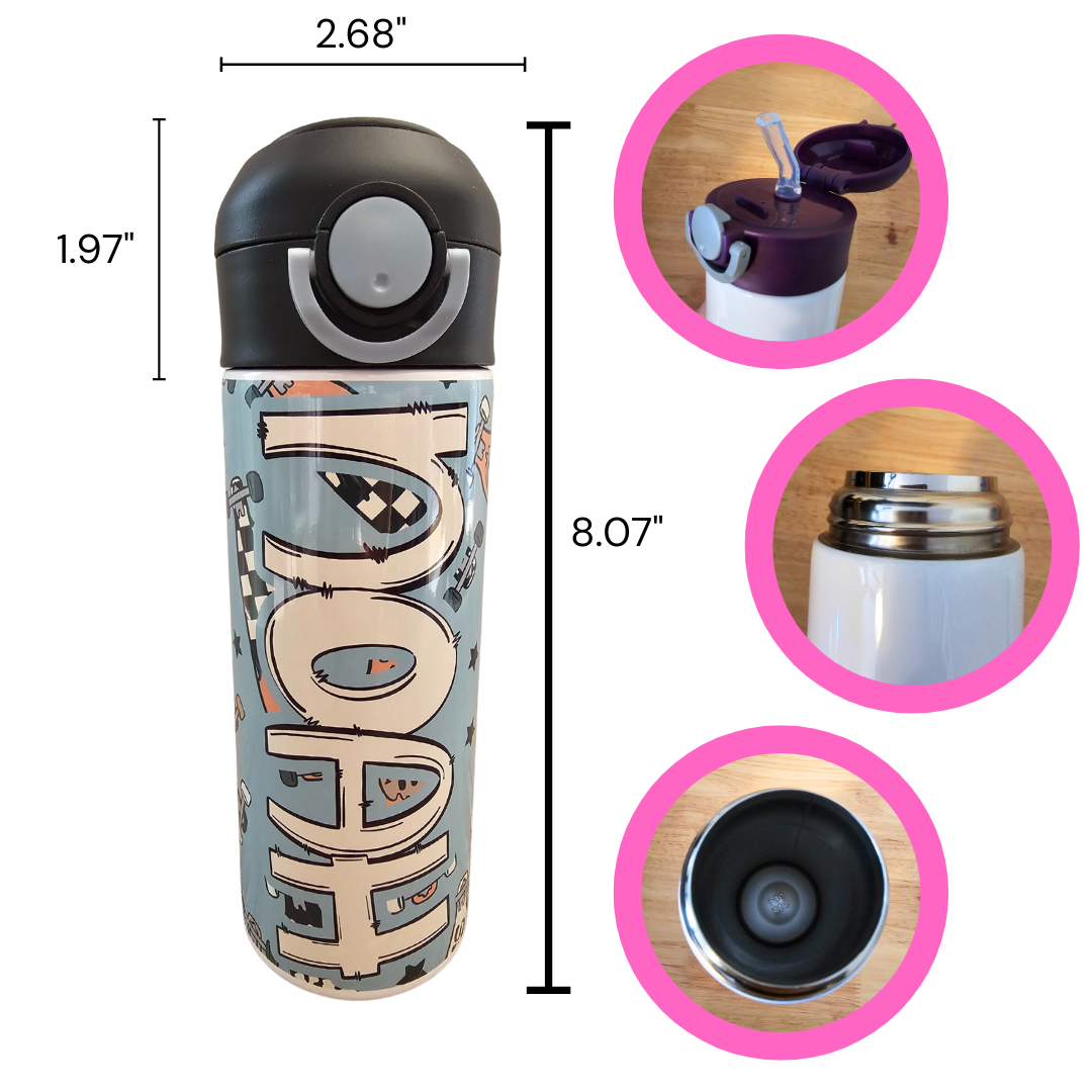 Skateboards Personalized Water Bottle - 12 oz Flip Top Water Bottle with Straw
