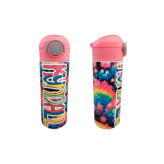 Bright Rainbows Personalized Water Bottle - 12 oz Flip Top Water Bottle with Straw