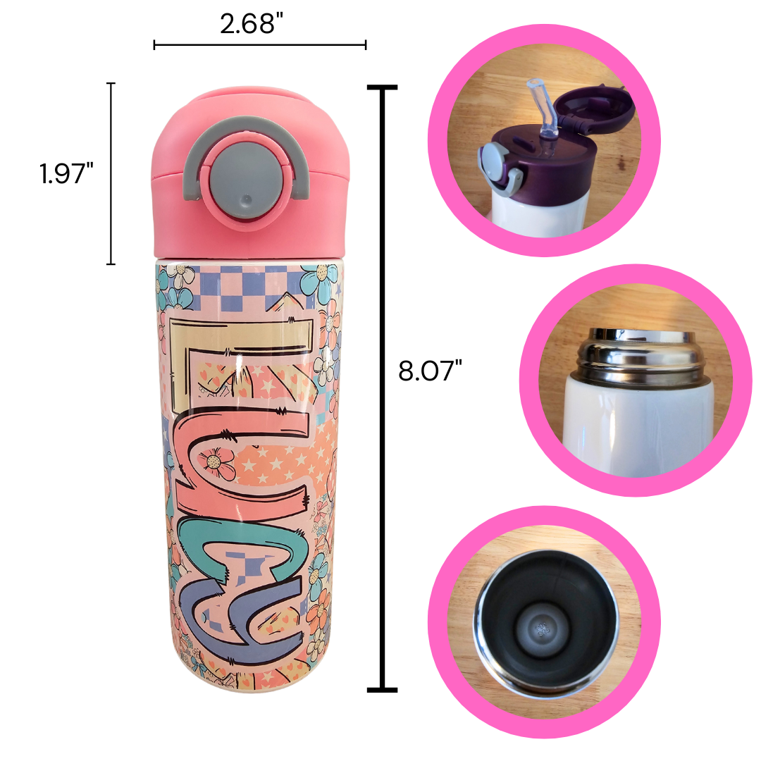 Girly Patchwork Personalized Water Bottle - 12 oz Flip Top Water Bottle with Straw