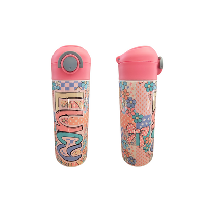 Girly Patchwork Personalized Water Bottle - 12 oz Flip Top Water Bottle with Straw