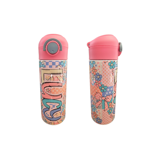 Girly Patchwork Personalized Water Bottle - 12 oz Flip Top Water Bottle with Straw