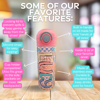 Girly Patchwork Personalized Water Bottle - 12 oz Flip Top Water Bottle with Straw