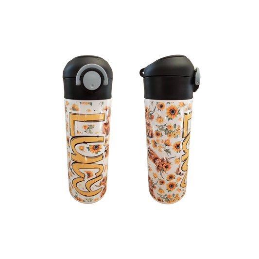 Highland Cow Personalized Water Bottle - 12 oz Flip Top Water Bottle with Straw