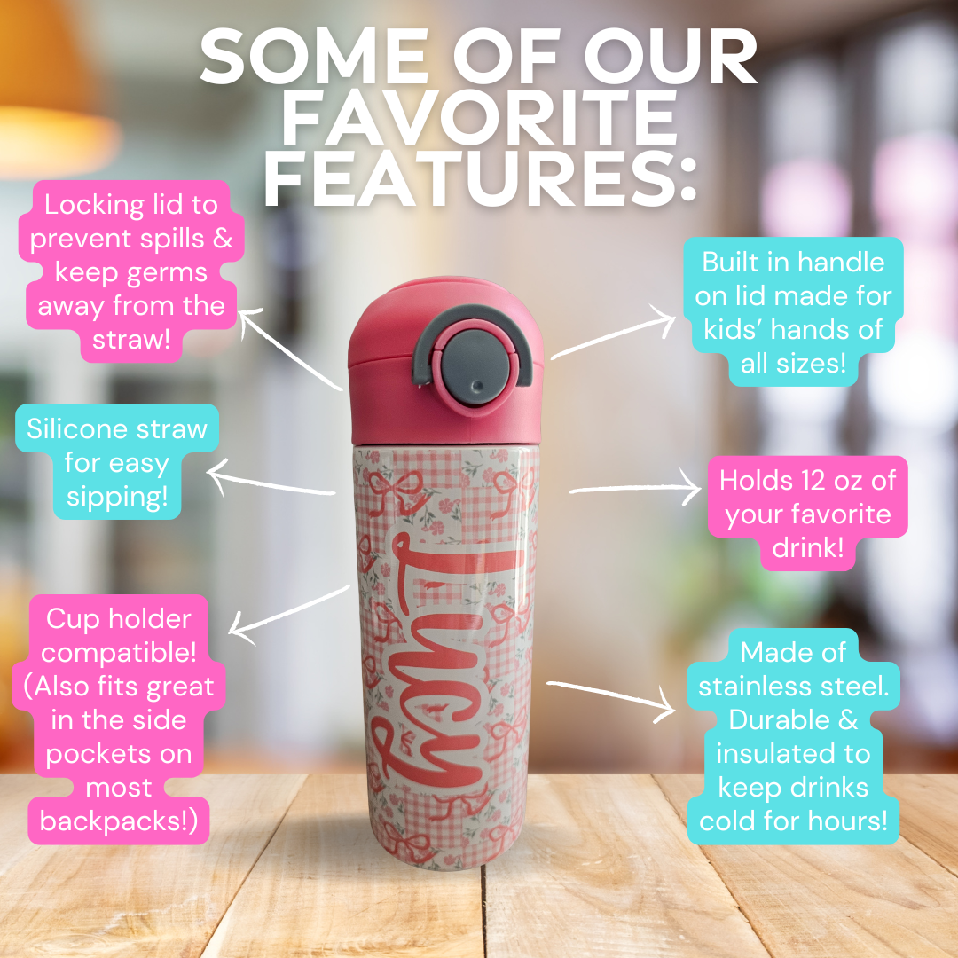 Pink Bow Patchwork Personalized Water Bottle - 12 oz Flip Top Water Bottle with Straw