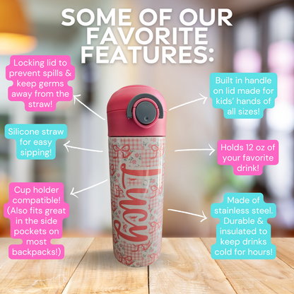 Pink Bow Patchwork Personalized Water Bottle - 12 oz Flip Top Water Bottle with Straw