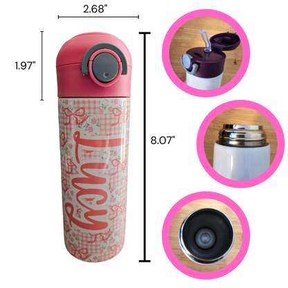 Pink Bow Patchwork Personalized Water Bottle - 12 oz Flip Top Water Bottle with Straw
