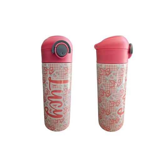Pink Bow Patchwork Personalized Water Bottle - 12 oz Flip Top Water Bottle with Straw