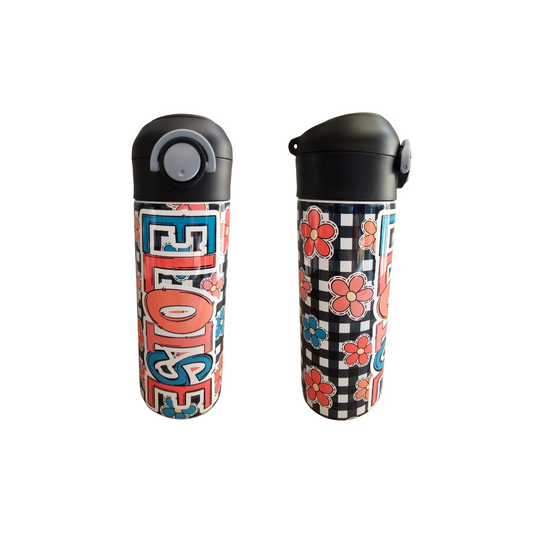 Checkered Flowers Personalized Water Bottle - 12 oz Flip Top Water Bottle with Straw