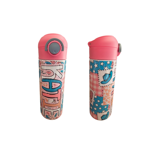 Cowgirl Patchwork Personalized Water Bottle - 12 oz Flip Top Water Bottle with Straw