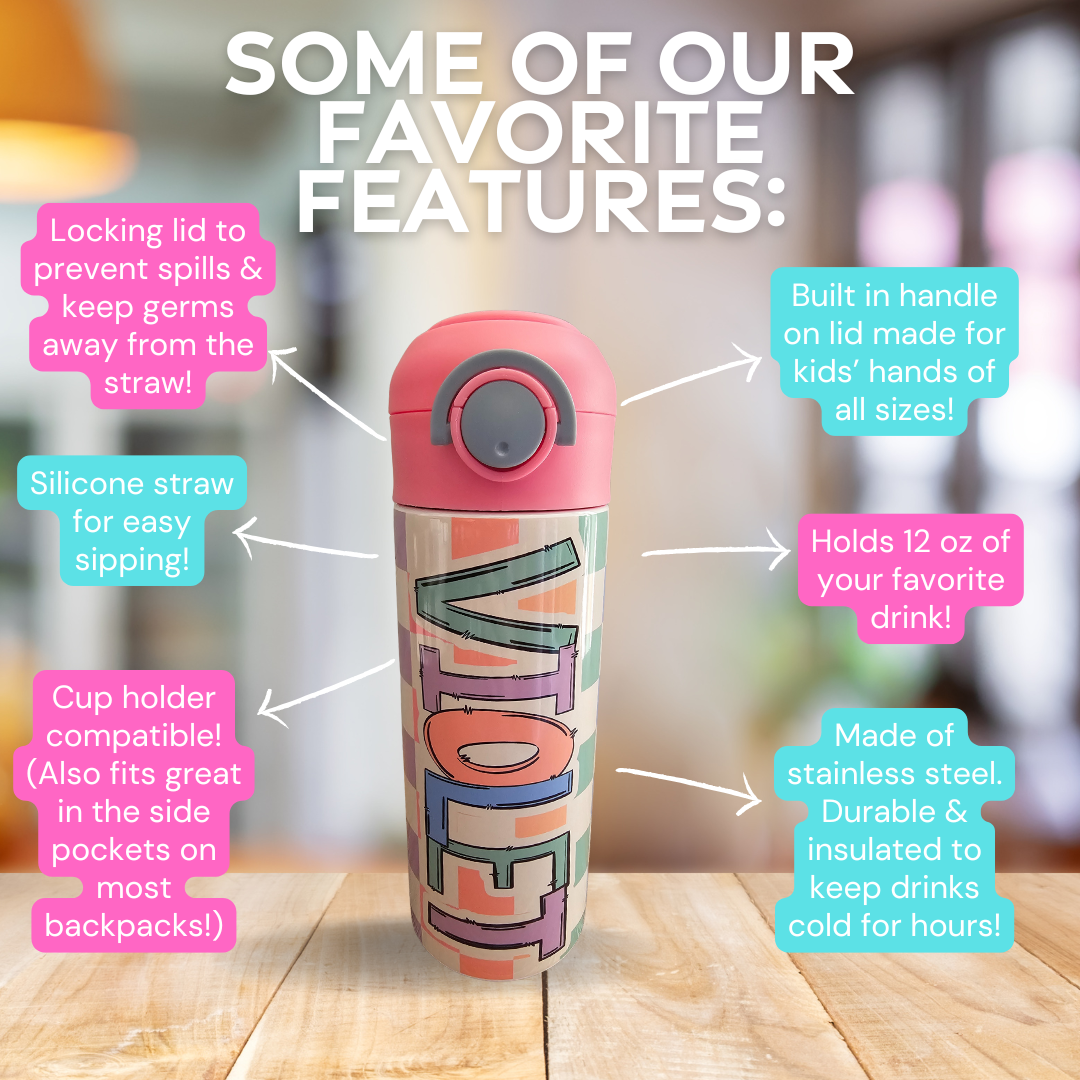 Pastel Checkered Design Personalized Water Bottle - 12 oz Flip Top Water Bottle with Straw