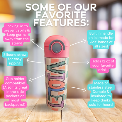 Pastel Checkered Design Personalized Water Bottle - 12 oz Flip Top Water Bottle with Straw