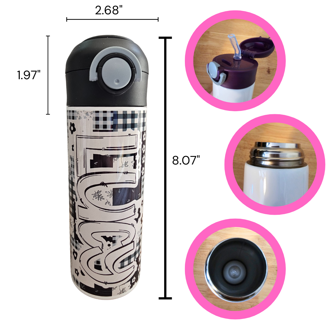 Black Floral Patchwork Personalized Water Bottle - 12 oz Flip Top Water Bottle with Straw