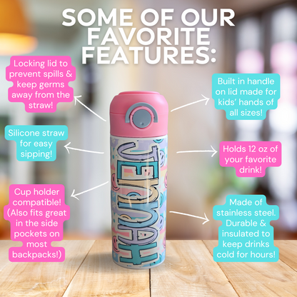 Pastel Smiles Design Personalized Water Bottle - 12 oz Flip Top Water Bottle with Straw (Copy)