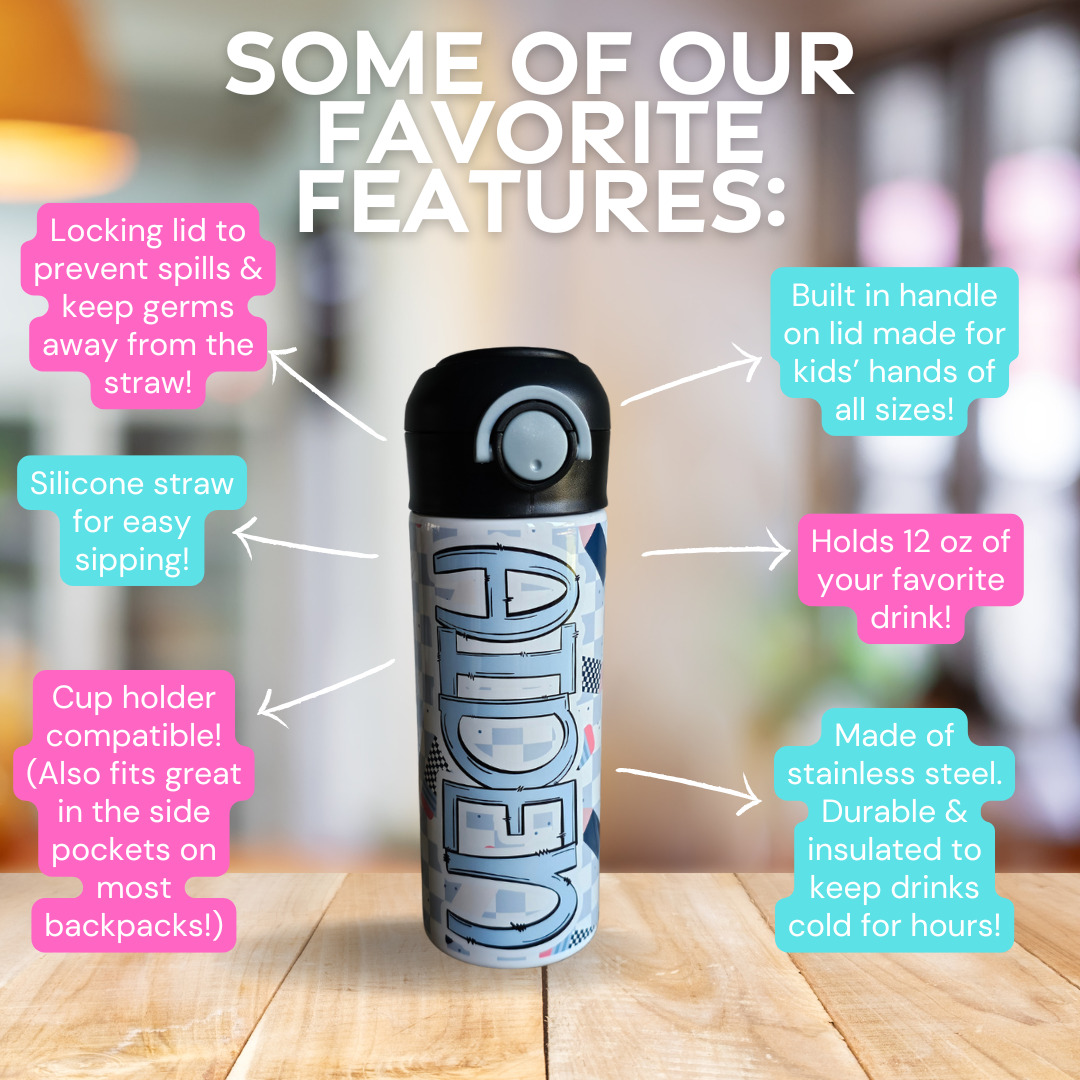 Pencil Checks Personalized Water Bottle - 12 oz Flip Top Water Bottle with Straw