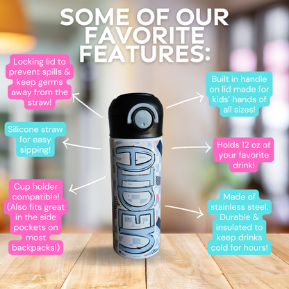 Pencil Checks Personalized Water Bottle - 12 oz Flip Top Water Bottle with Straw