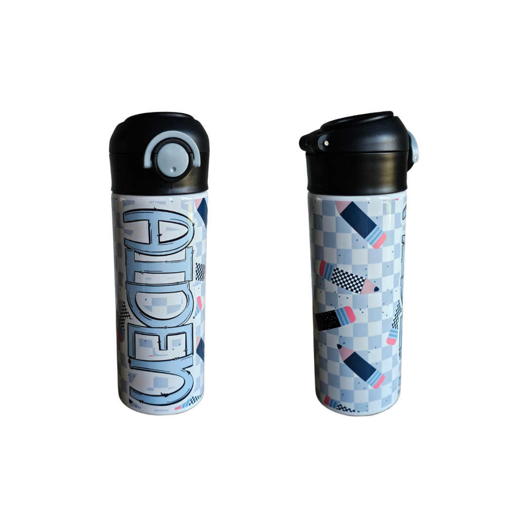 Pencil Checks Personalized Water Bottle - 12 oz Flip Top Water Bottle with Straw